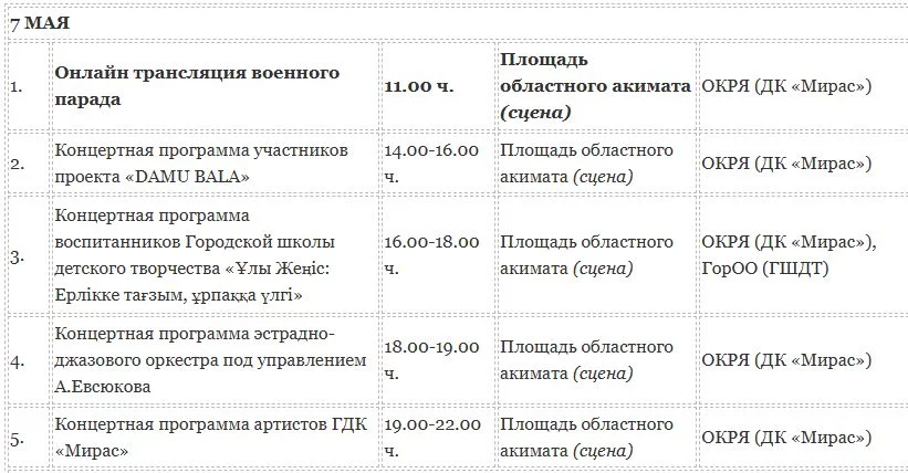 Изображение 1 для Какие мероприятия пройдут в Костанае 7, 8 и 9 мая