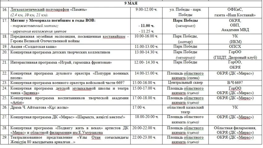 Изображение 1 для План мероприятий 9 мая в Костанае