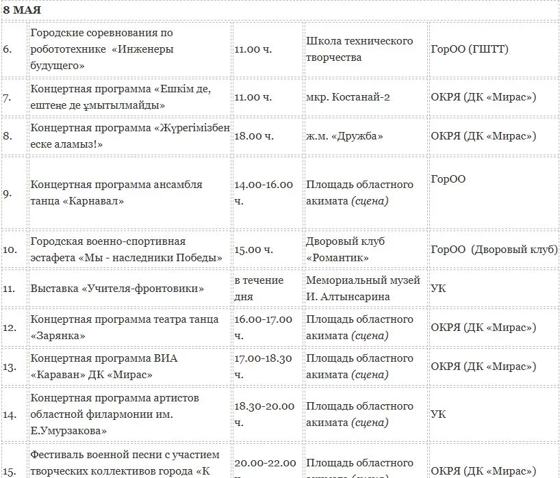Изображение 2 для Какие мероприятия пройдут в Костанае 7, 8 и 9 мая